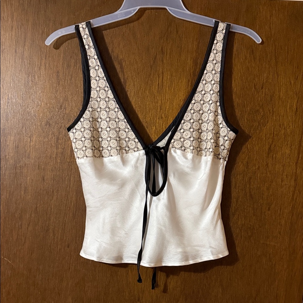 “Nasty Gal” Black and Cream Lace Trim Front Tie Cropped Cami